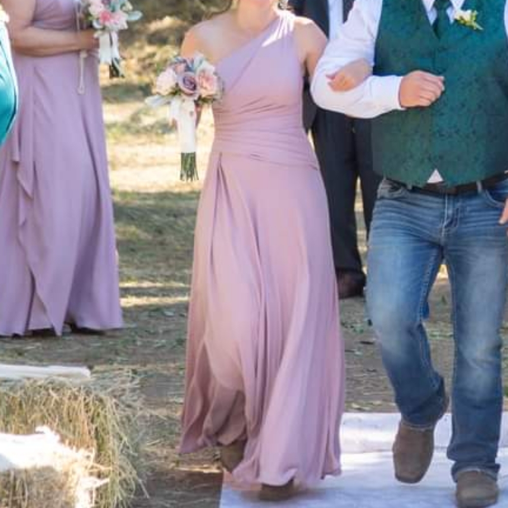 David's Bridal One-Shoulder Georgette Cascade Bridesmaid Dress in Quartz Size 2